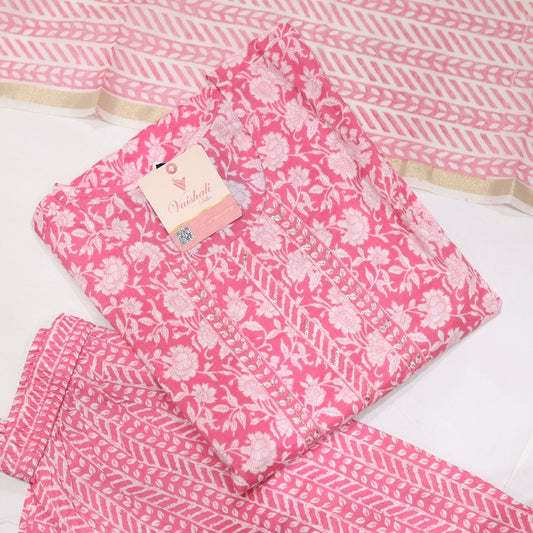 Cotton White with Pink Kurtiset - Vaishali Silks