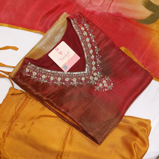 Tissue Red Mustard Kurtiset - Vaishali Silks