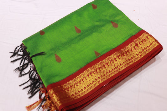 Kalyani Cotton  Saree Green With  Mroon - Vaishali Silks