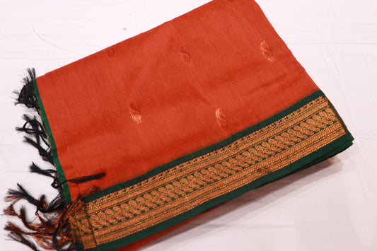 Kalyani Cotton Saree Ornge With Green - Vaishali Silks