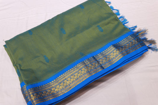 Kalyani Cotton Saree Green With Sky  Blue - Vaishali Silks