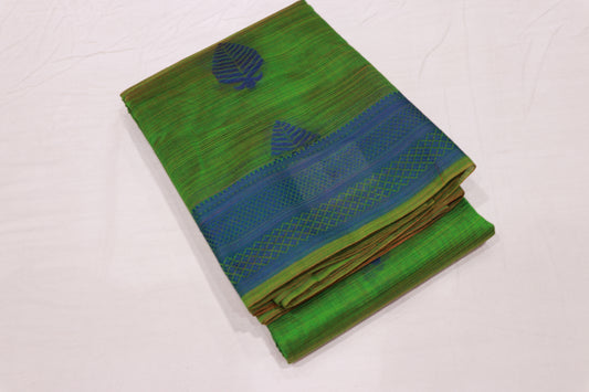 Silk Cotton Saree Parrot  Green With Blue  Colour - Vaishali Silks