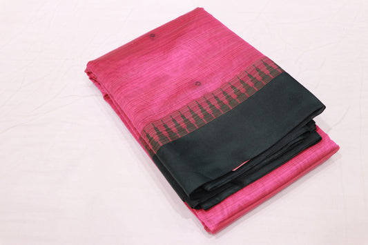 Silk Cotton Saree Pink With  Bottle Green Colour - Vaishali Silks