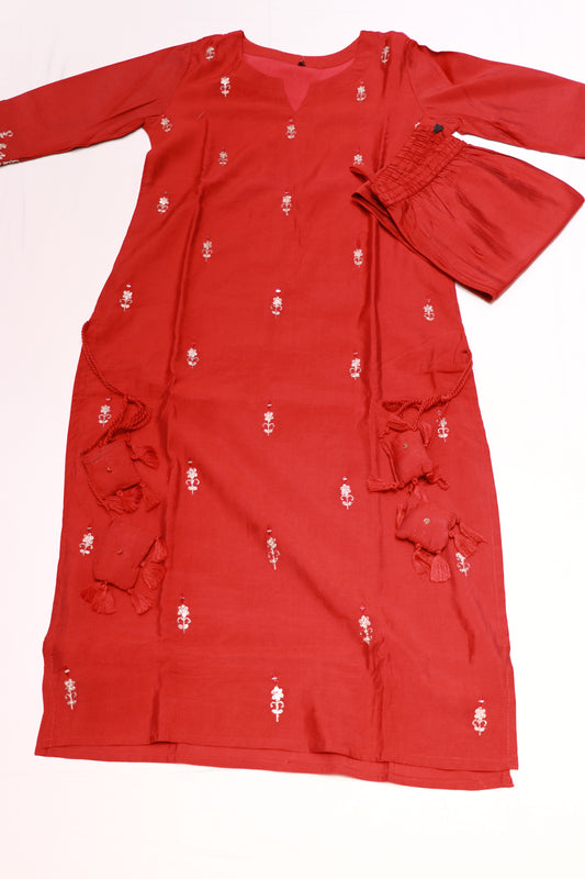 Maslin  Red Colour  Kurthi set - Vaishali Silks