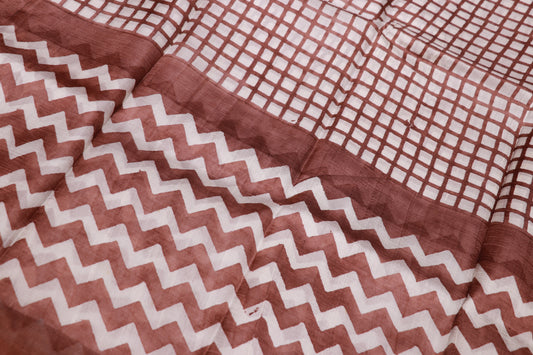 Pure  Tusser White With Brown Colour - Vaishali Silks