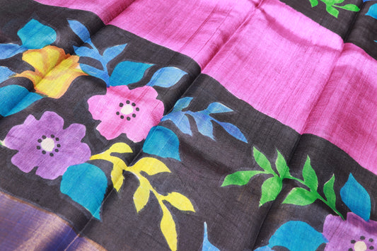 Pure  Tusser Black With  Voilet Colour - Vaishali Silks