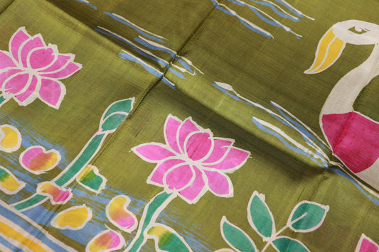 Pure  Tusser  Olive Green  Colour - Vaishali Silks