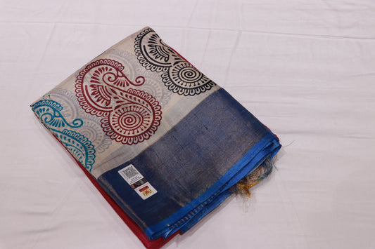 Pure  Tusser  Pink  With  Half White Colour - Vaishali Silks