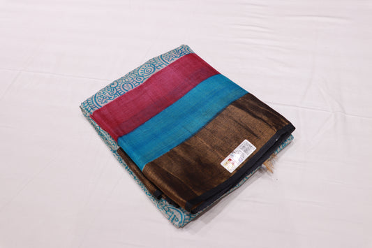Pure  Tusser White with Blue Colour - Vaishali Silks