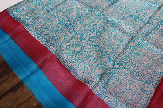 Pure  Tusser White with Blue Colour - Vaishali Silks
