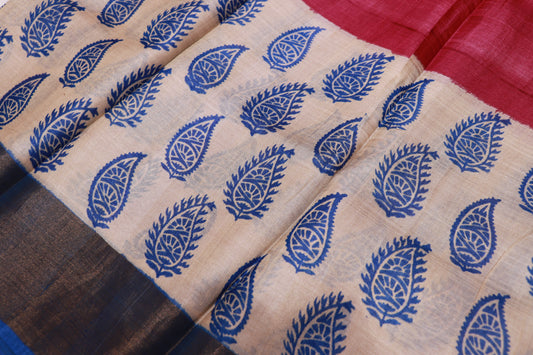 Pure  Tusser  Pink With Half  White Colour - Vaishali Silks