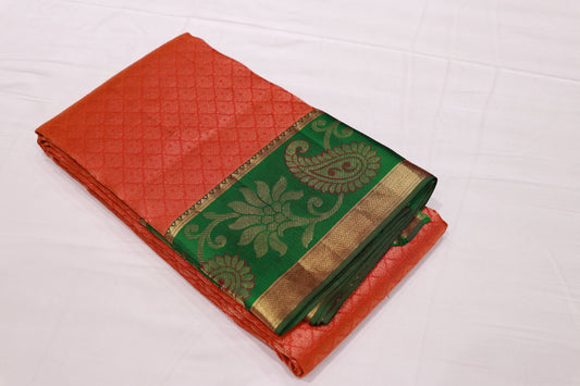 Pure  Silk Saree  Orange With  Green  Colour - Vaishali Silks