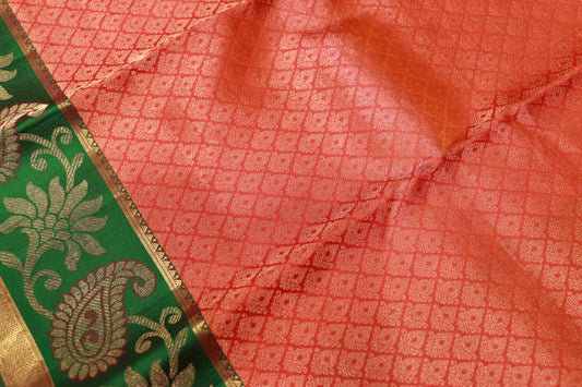 Pure  Silk Saree  Orange With  Green  Colour - Vaishali Silks