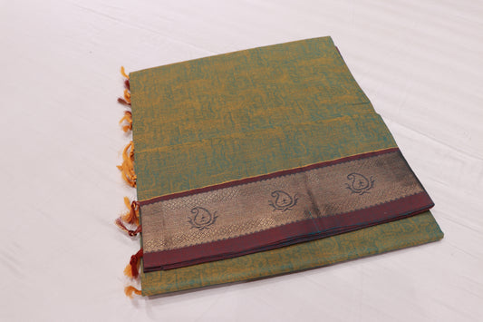 Cotton Saree Green With Maroon Colour - Vaishali Silks
