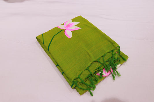 Linen Saree Parrot Green  Colour - Vaishali Silks