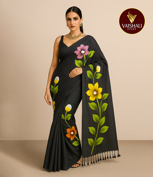 Hand  Paint Saree  Gray Colour