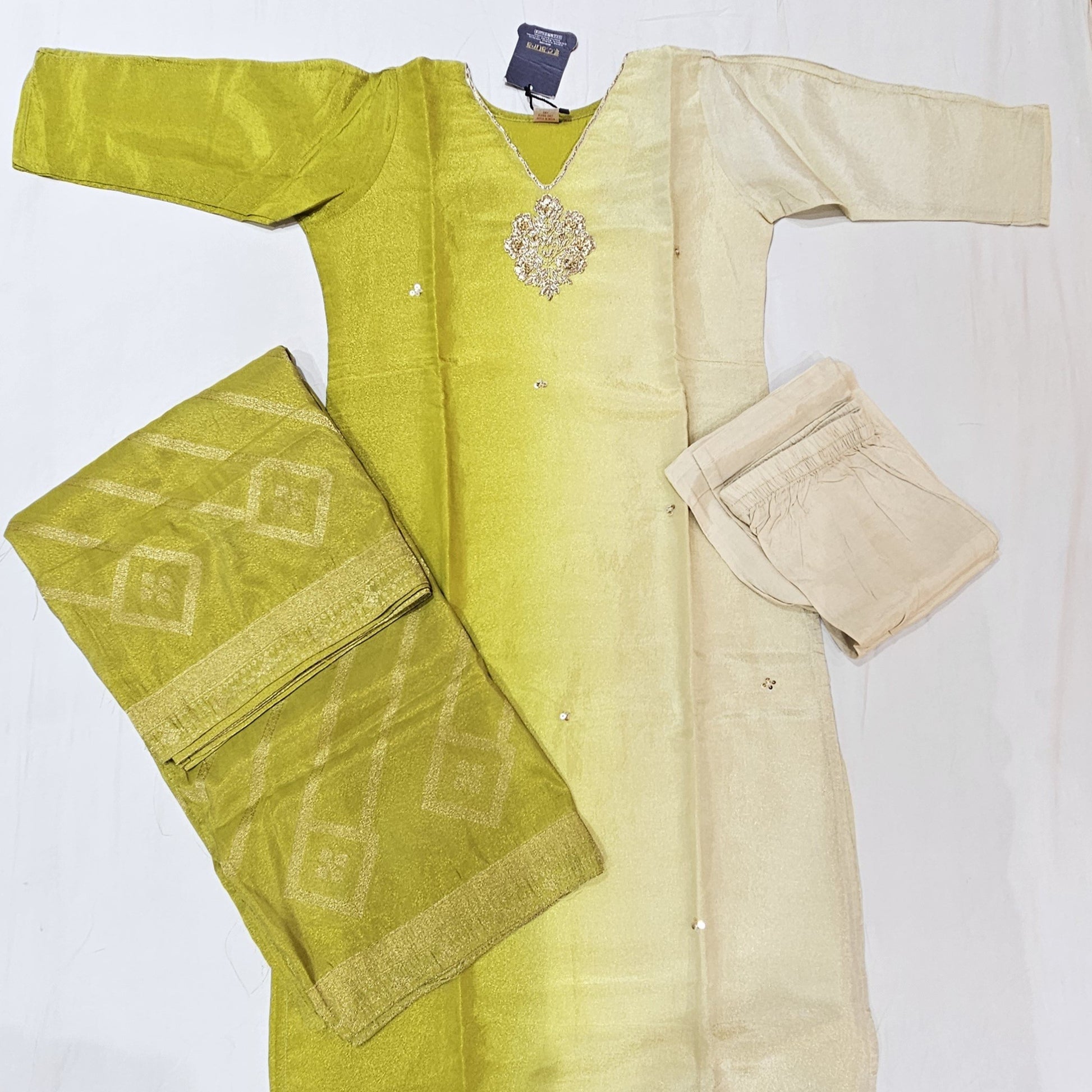 Tissue Green with White Kurtiset - Vaishali Silks