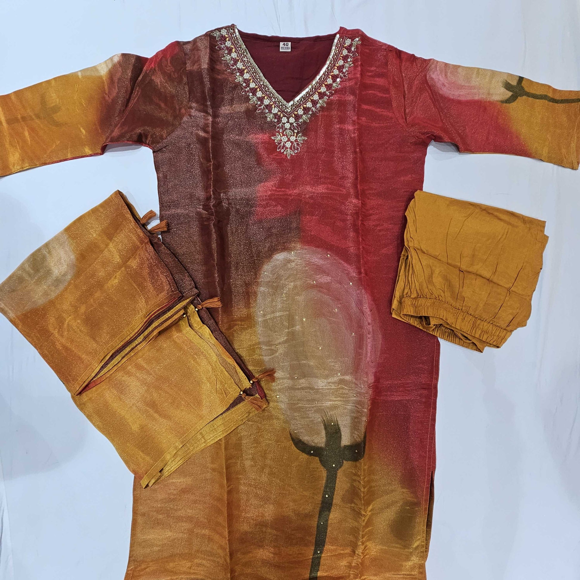 Tissue Red Mustard Kurtiset - Vaishali Silks