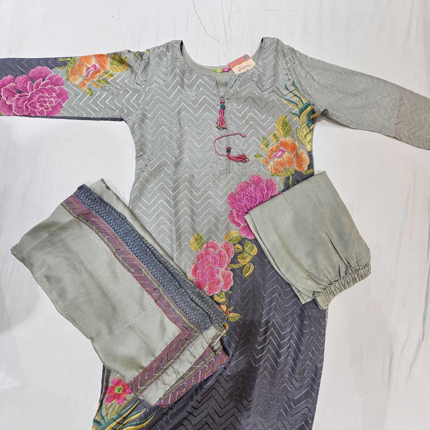 Muslin Grey with Pink Kurtiset - Vaishali Silks