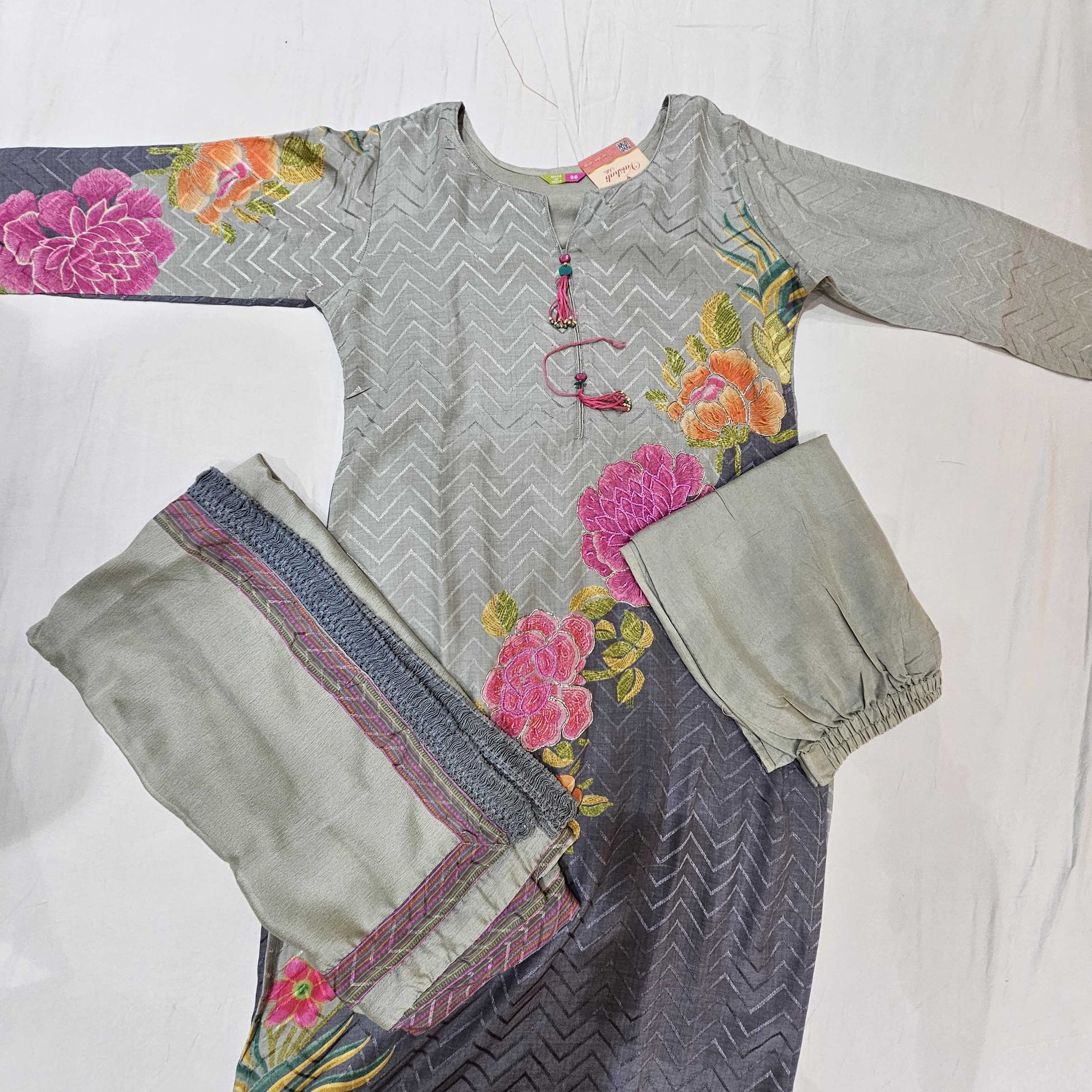 Muslin Grey with Pink Kurtiset - Vaishali Silks