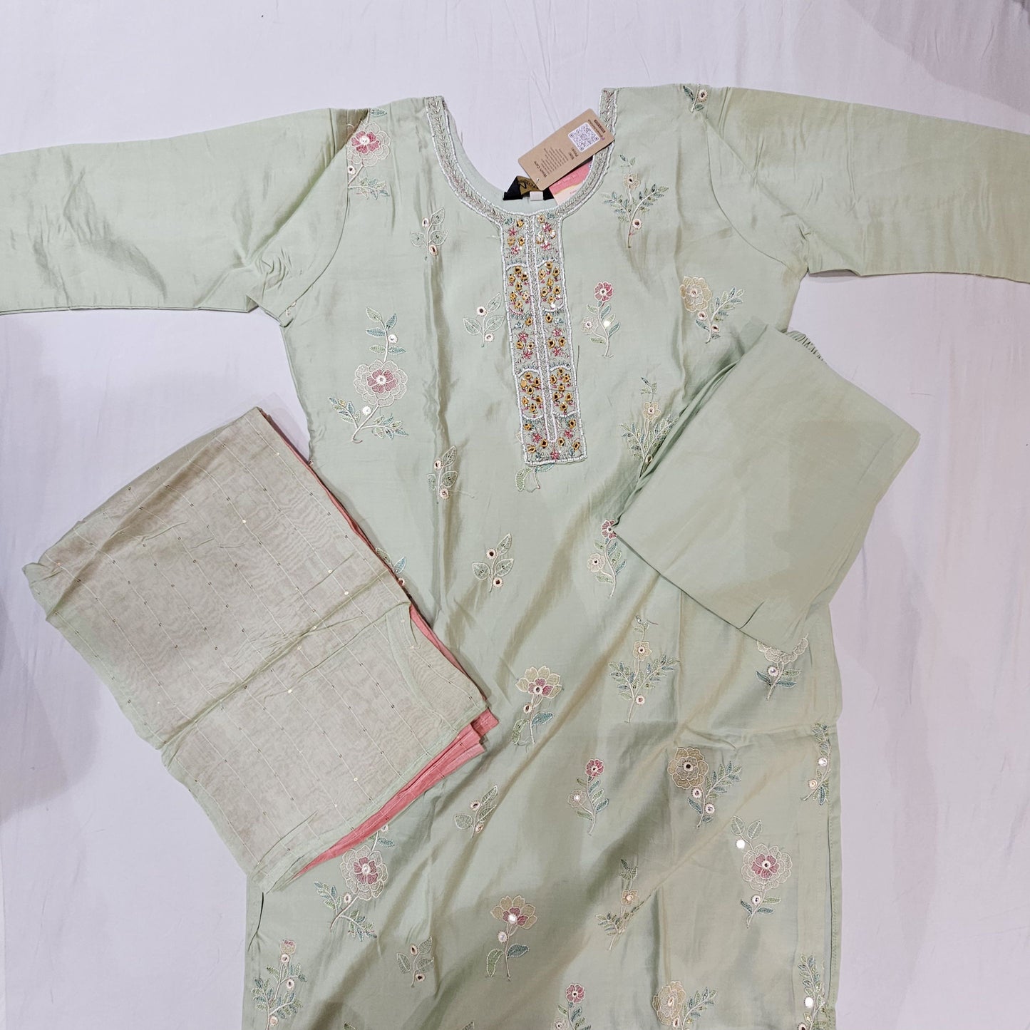 Muslin Green with Pink Kurtiset - Vaishali Silks