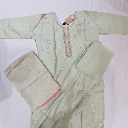 Muslin Green with Pink Kurtiset - Vaishali Silks
