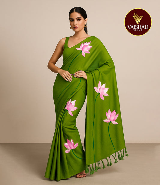Linen Saree Parrot Green  Colour