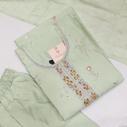 Muslin Green with Pink Kurtiset - Vaishali Silks