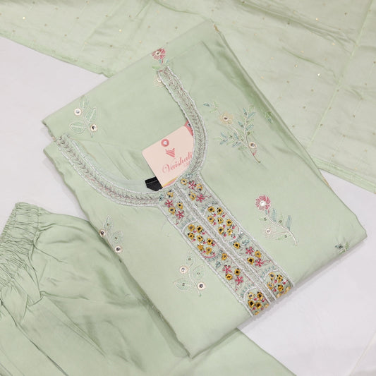 Muslin Green with Pink Kurtiset - Vaishali Silks
