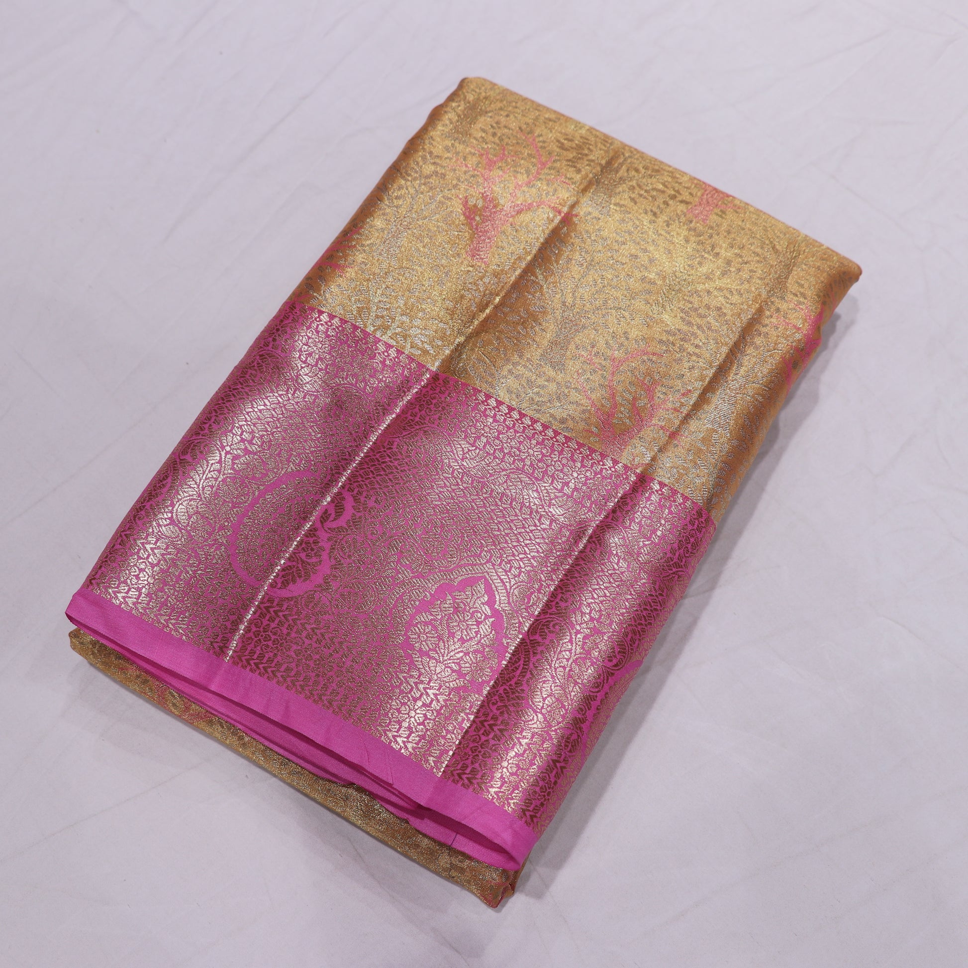 Pure Tissue Silk  Gold With Pink Colour - Vaishali Silks