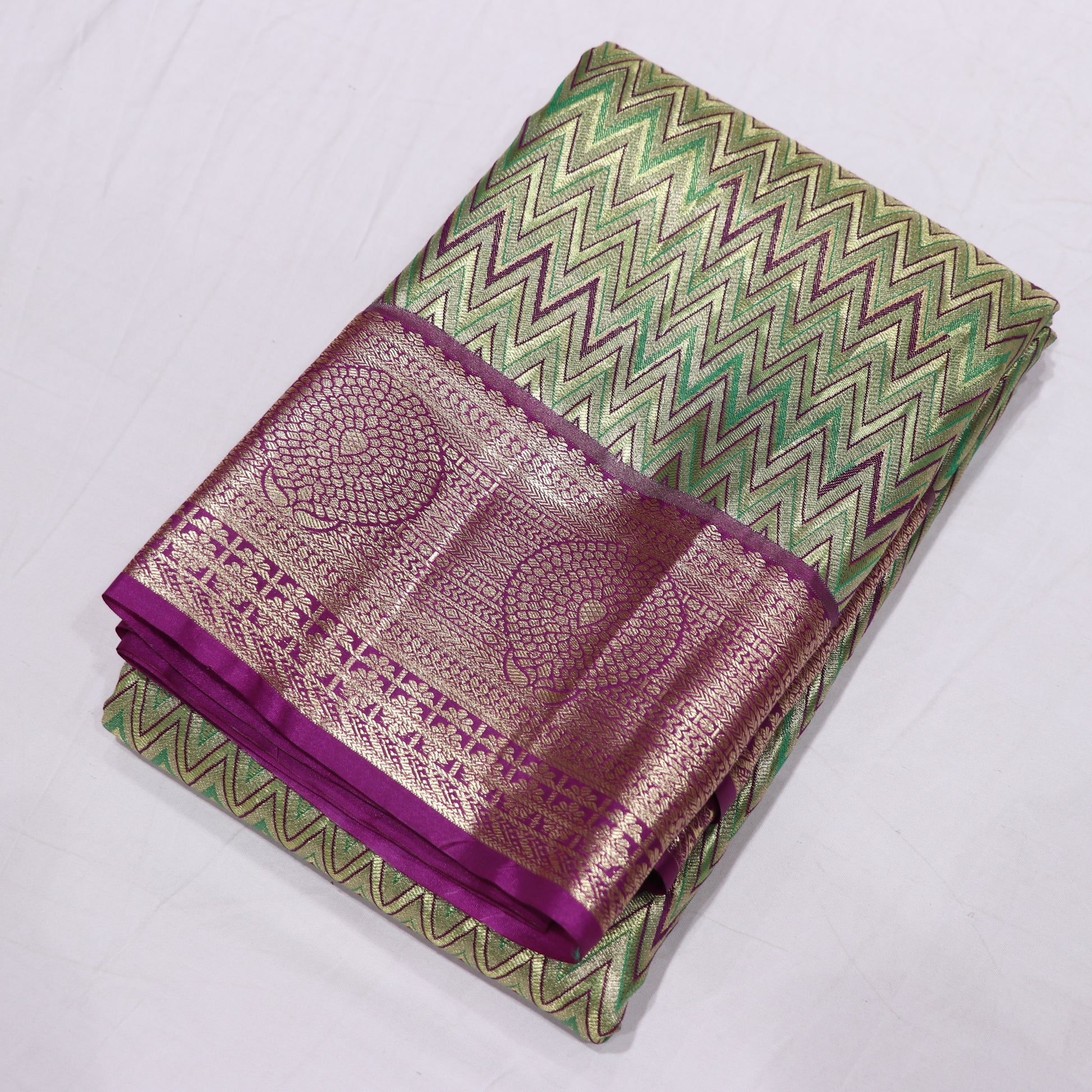 Pure Tissue Silk Green With Purple Colour - Vaishali Silks