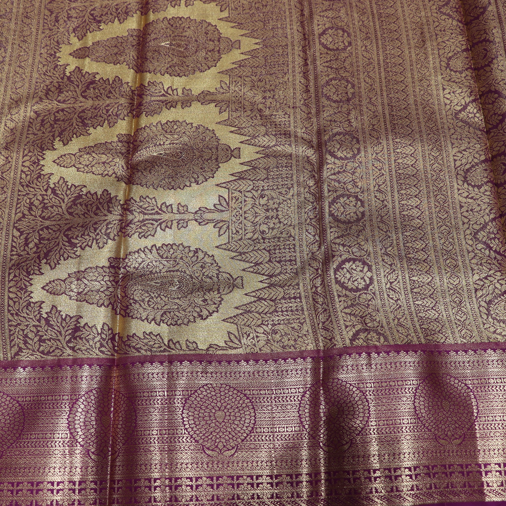 Pure Tissue Silk Green With Purple Colour - Vaishali Silks