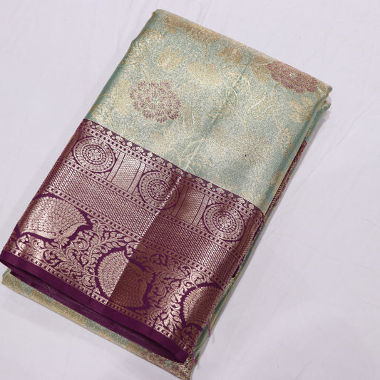 Pure Tissue Silk Green  With Violet Colour - Vaishali Silks
