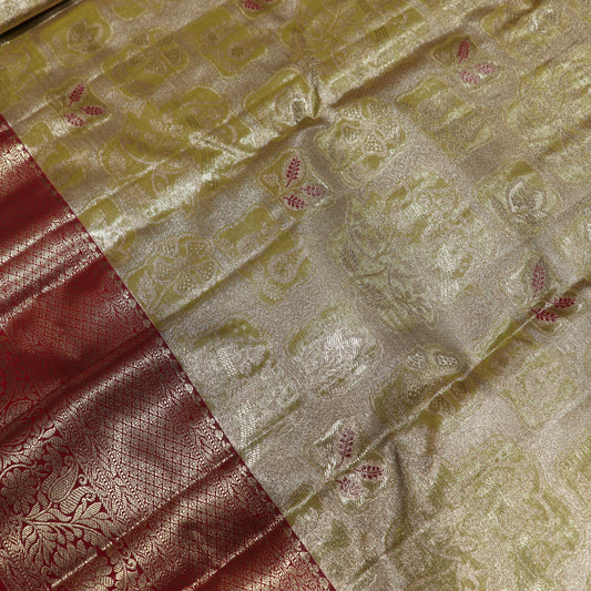 Pure Tissue Saree Light Yellow with Pink - Vaishali Silks