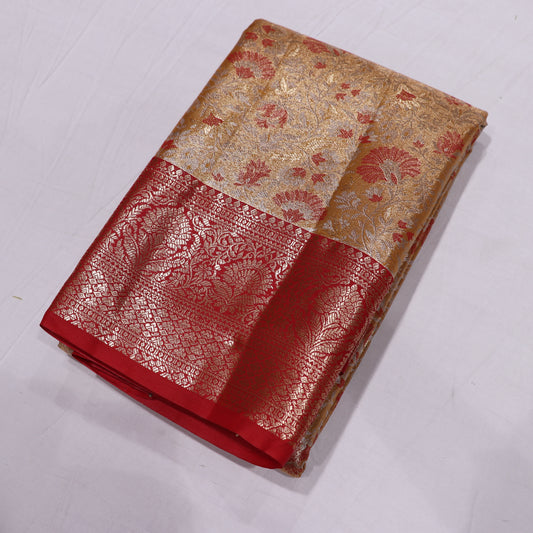 Pure Tissue silk Saree Sandal With Red - Vaishali Silks