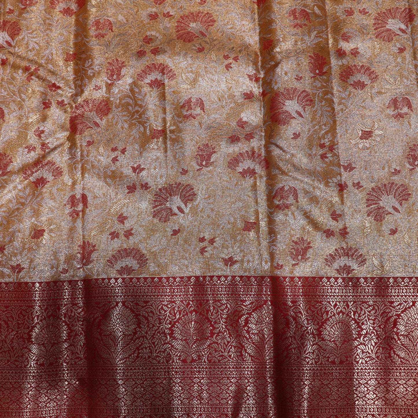 Pure Tissue silk Saree Sandal With Red - Vaishali Silks