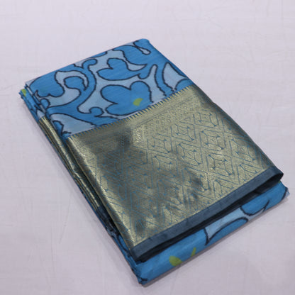 Pure Printed Silk Saree Blue Colour - Vaishali Silks