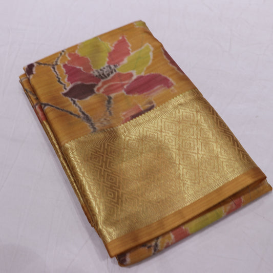 Pure Printed Silk Saree Yellow Colour - Vaishali Silks