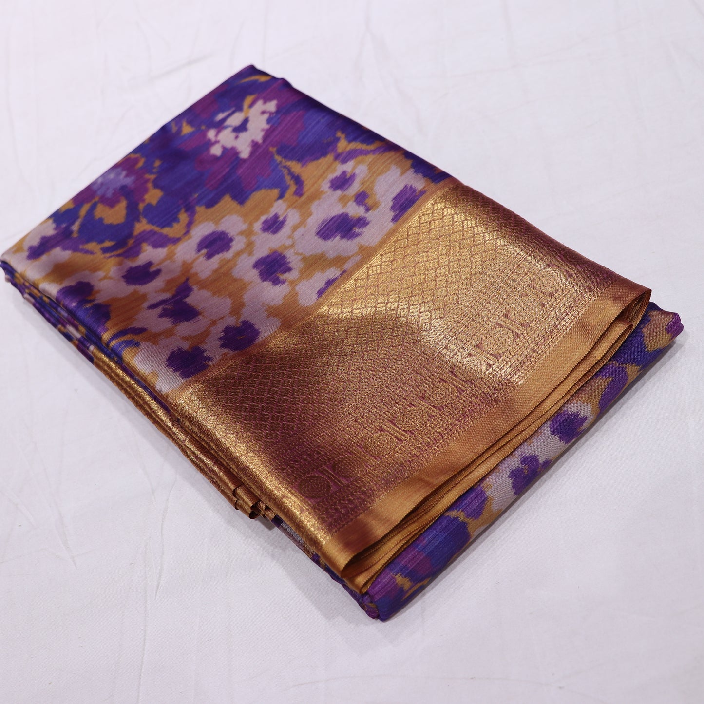 Pure Printed Silk Saree Voilet With Mustard - Vaishali Silks