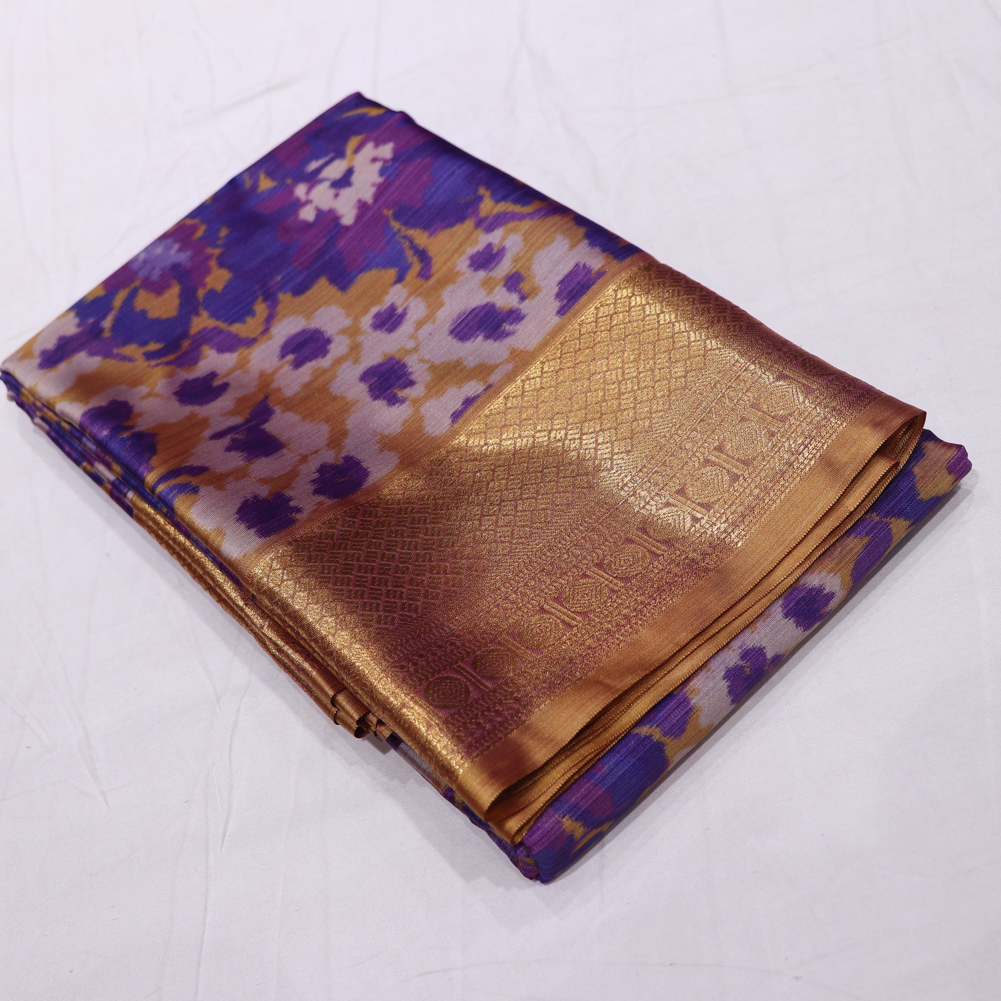 Pure Printed Silk Saree Voilet With Mustard - Vaishali Silks