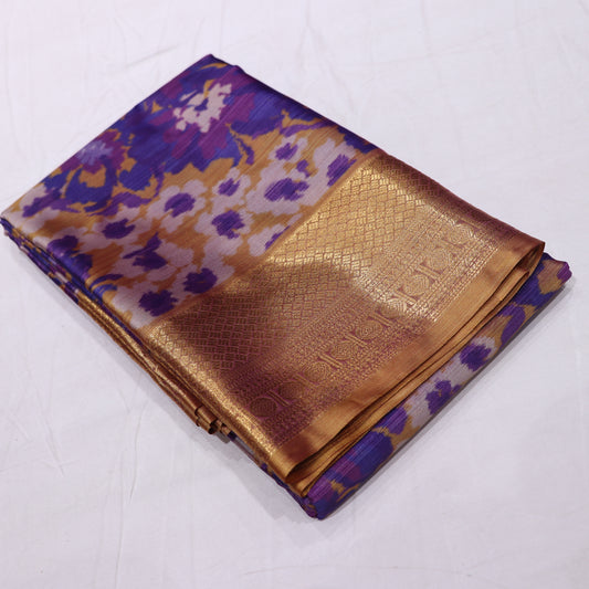 Pure Printed Silk Saree Voilet With Mustard - Vaishali Silks
