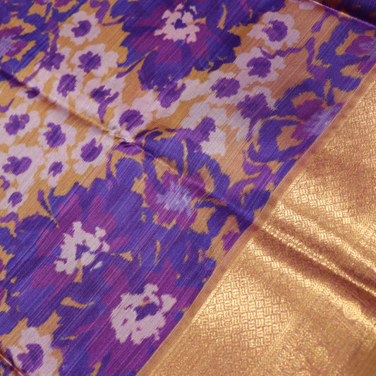 Pure Printed Silk Saree Voilet With Mustard - Vaishali Silks