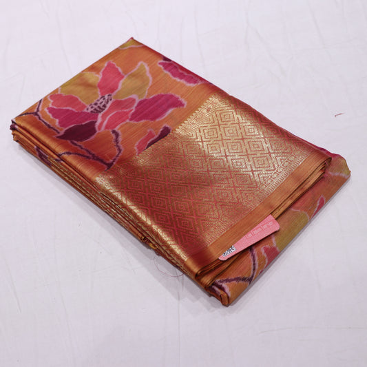 Pure Printed Silk Saree Orange  Colour - Vaishali Silks