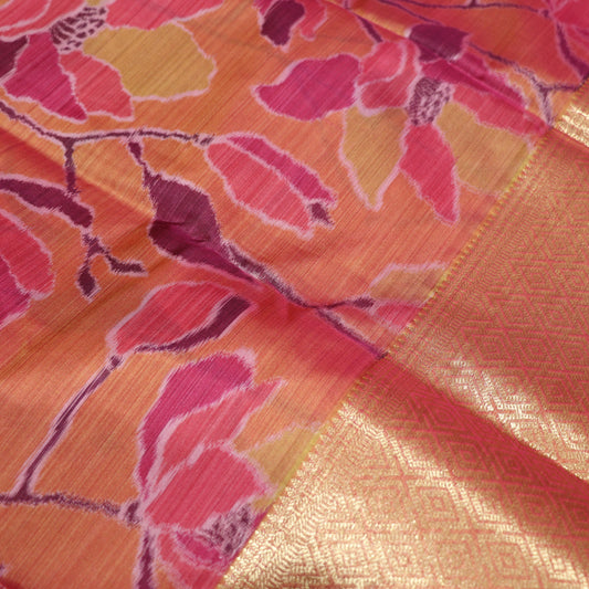 Pure Printed Silk Saree Orange  Colour - Vaishali Silks