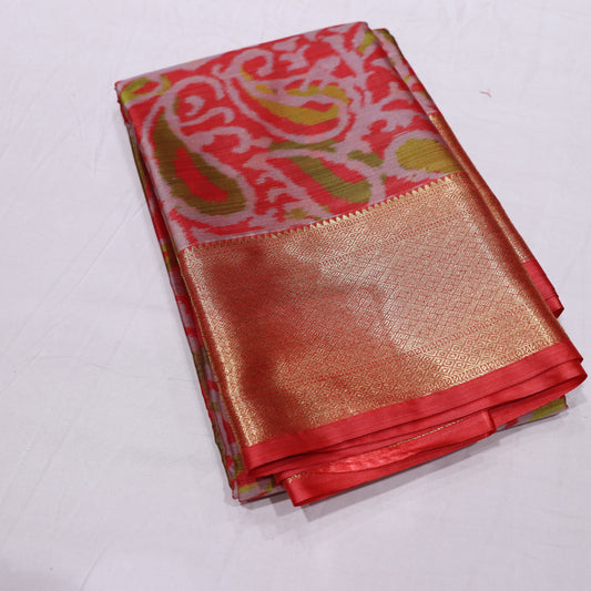 Pure Printed Silk Saree Orange Coloue - Vaishali Silks