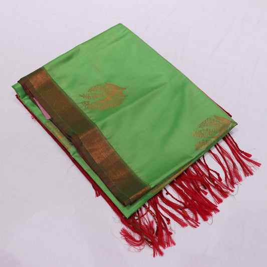 Semi Soft Silk   Parrot  Green  with  Tomato  Red - Vaishali Silks