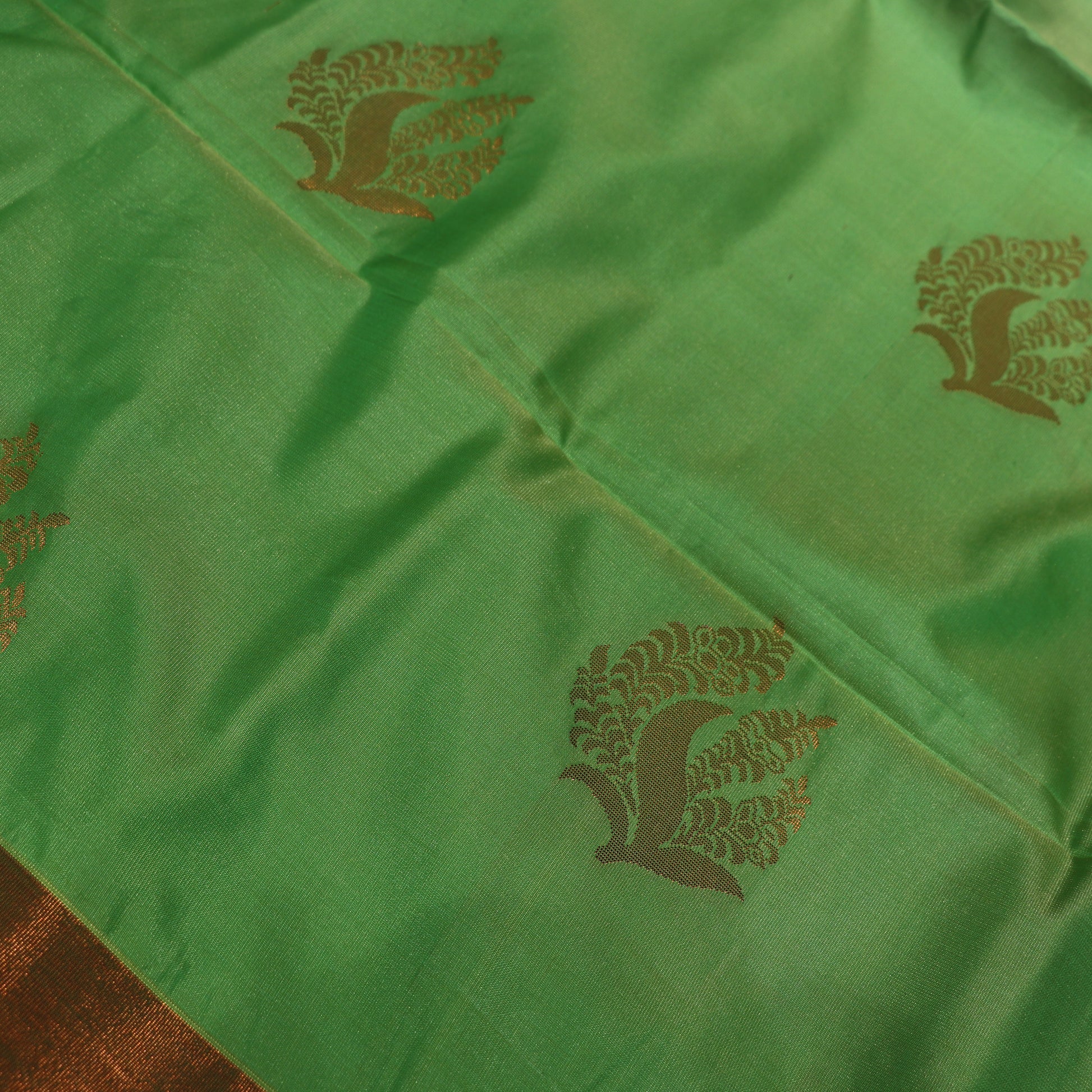 Semi Soft Silk   Parrot  Green  with  Tomato  Red - Vaishali Silks