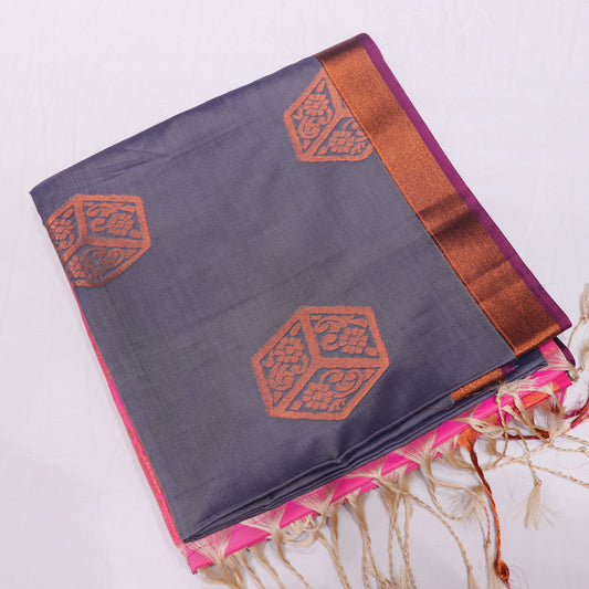 Semi Soft Silk Saree Grey With Pink Colour - Vaishali Silks