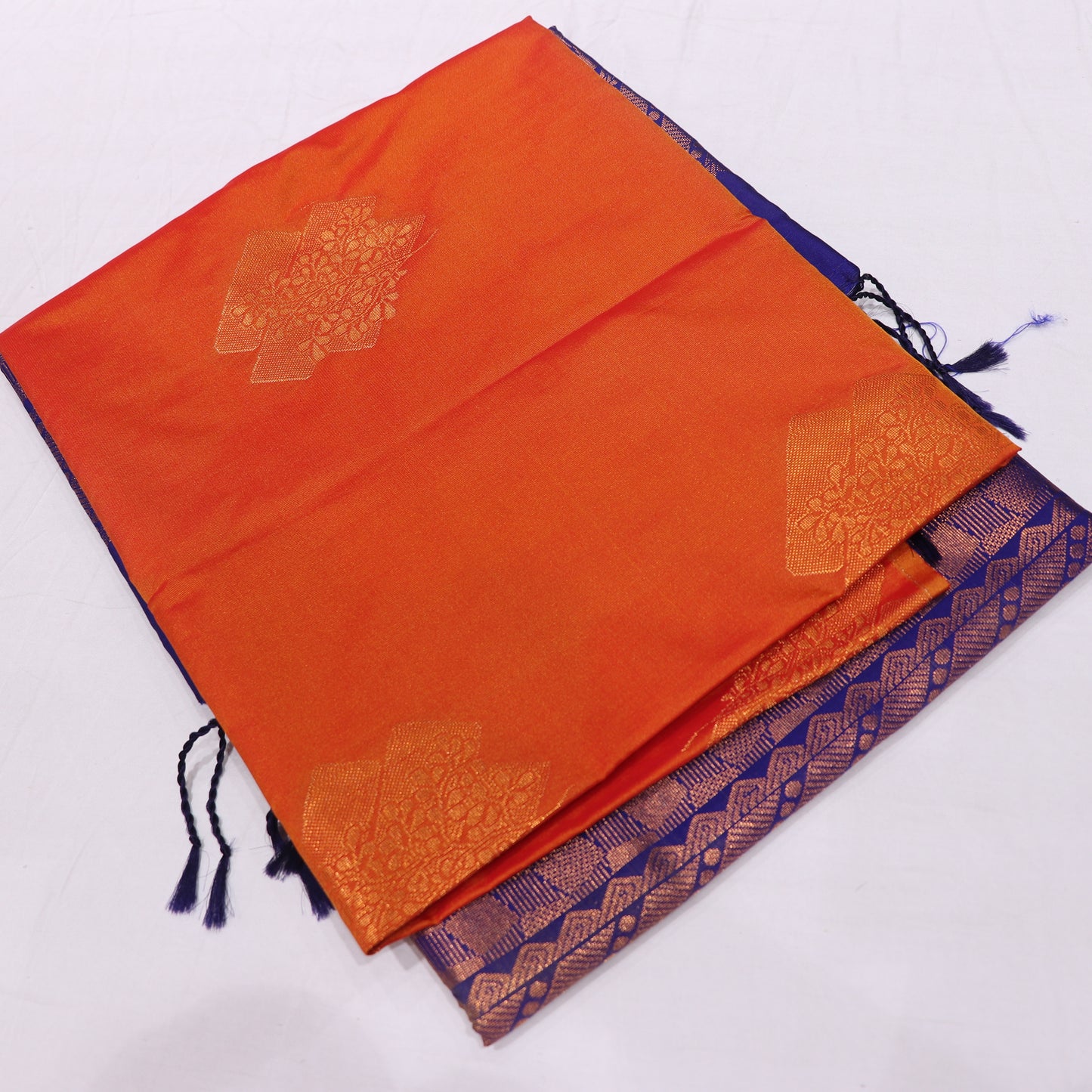 Semi Soft Silk Saree Orange With Blue  Colour - Vaishali Silks
