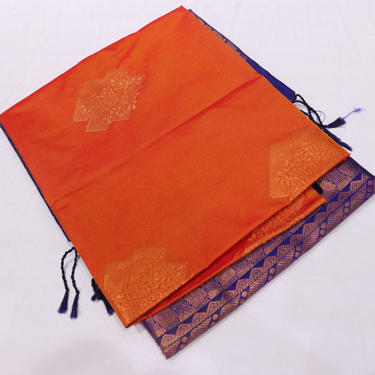 Semi Soft Silk Saree Orange With Blue  Colour - Vaishali Silks